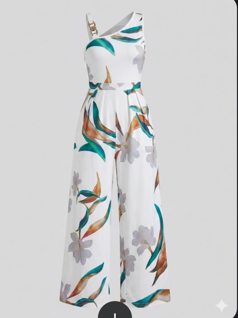 SHEIN White One-Shoulder Floral Wide-Leg Jumpsuit with Teal and Brown Print Larg